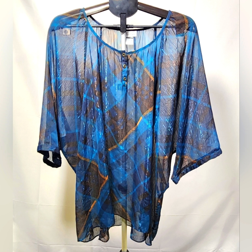 Maggie Barnes Women's Sheer Blue and Brown Tunic With Silver Shimmer-Size 3X